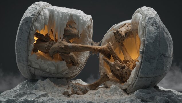 Showing two abstract cracked shells glowing warmly in gallery, with wooden connectors, white debris - Powered by Adobe