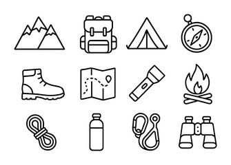 Adventure Icon Collection. Outline icon set of adventure travel guides: mountain, backpack, tent, compass,
