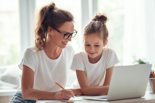 Mother and daughter studying together with laptop at home, homeschooling and family education concept