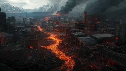 Flowing molten lava stream snaking through ruined streets under smoky sky, with collapsed buildings