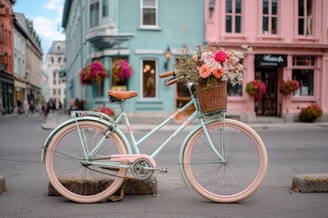 Fototapeta premium a pastel-colored bicycle with a basket of flowers parked on a quiet street, soft blue sky