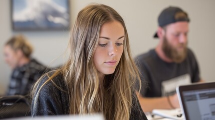 Focused young woman working on laptop in coworking space,  freelancer in modern office concept