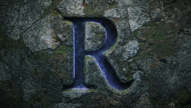 Emitting faint blue glow, carved stone letter R resting on moss-covered rock face, with lichen - Powered by Adobe