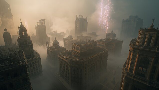 Cutting lightning arc illuminating domed buildings and skyscrapers in downtown, with dense fog