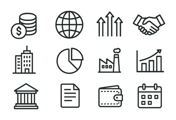 FDI Icon Set. Outline icon set of foreign direct investment: coins stack, globe, arrows up, handshake,