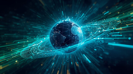 The futuristic digital planet Earth, connected to a glowing circuit board and electronic elements, is a high-tech background for data science design and global virtual communication.