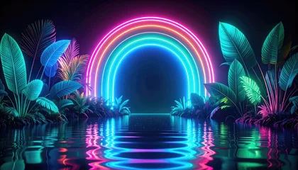 Keuken achterwand Reflectie A vibrant neon rainbow arc reflected on water, surrounded by lush tropical foliage against a dark backdrop, creating a surreal, captivating scene  © gugur