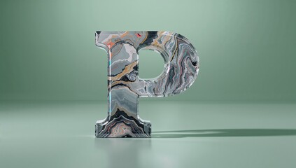 Standing marble-patterned translucent letter P sculpture on matte green surface, with soft lighting