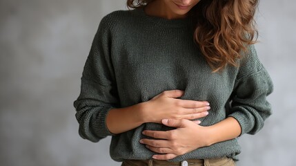 Woman Experiencing Stomach Pain in Casual Outfit