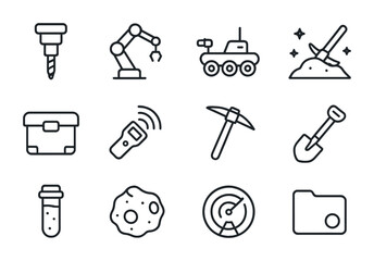 Interstellar Mission Icons. Outline icon set of interstellar excavation missions: drill, robotic arm, space