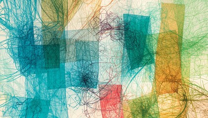 Fototapeta premium Displaying overlapping translucent rectangles and looping scribbles on canvas, with bold contrasts