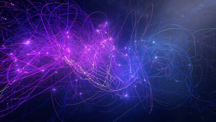 Swirling neon light trails weaving in dark digital space, with glowing particles, spark-like points