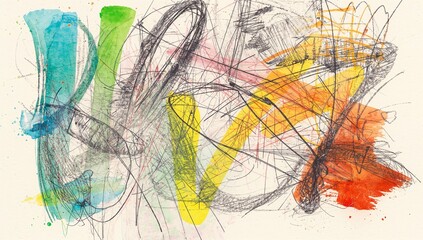 Obraz premium Displaying abstract painting featuring teal and orange washes with dark pencil scribbles on canvas