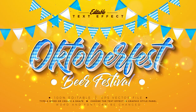 Oktoberfest 3D Editable Text Effect Design with Bavaria Flag Pattern Typography and Party Flag on Yellow Background. Traditional Germany Festival Scalable Vector Graphic Style Illustration Template