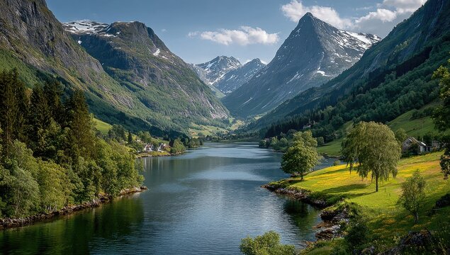 Serene fjord valley, snow-capped peaks, lush greenery