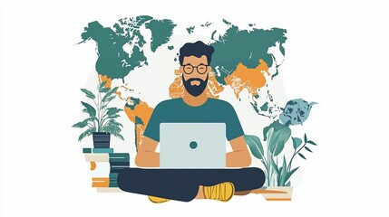 Digital nomad lifestyle: Man working remotely with a world map background