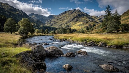 Mountain stream, valley,  lush landscape