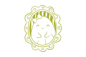 Cute Ghost with Bow in Vintage Oval Frame. Kawaii Halloween line art illustration Design