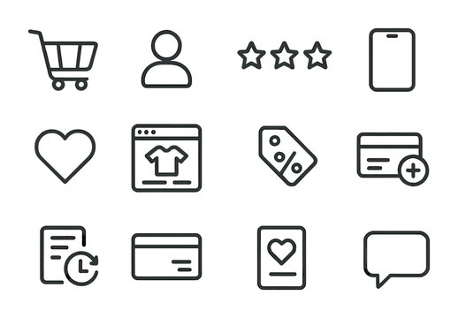 Online Shopping Icons. Outline icon set of online customer behavior: shopping cart, user profile, rating stars
