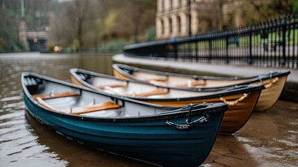 Colorful rowboats resting quietly on the water in a serene park surrounded by lush greenery and historic buildings during a calm afternoon
