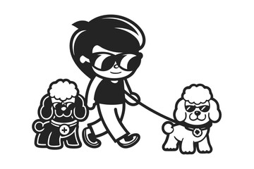 Walking Poodles Stylish Person in Sunglasses with Cute, Iconic Dogs
