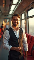 Happy man standing in train during sunset light