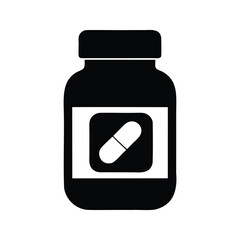 Black and white minimalist vector illustration of a medicine bottle and capsule, supplement capsule silhouette vector illustration