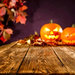 Halloween pumpkins on a rustic wooden table
