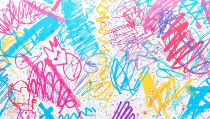 Covering abstract surface with vibrant scribbles and doodles on white background, paint splatters
