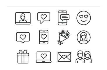 Fototapeta premium Digital Romance Icons. Outline icon set of digital romance: video call, heart notification, smartphone with
