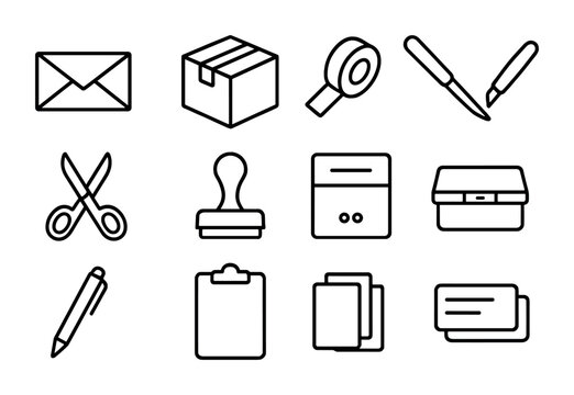 Mailroom Essentials Icons. Outline icon set of mailroom essentials: envelope, package, parcel tape, letter