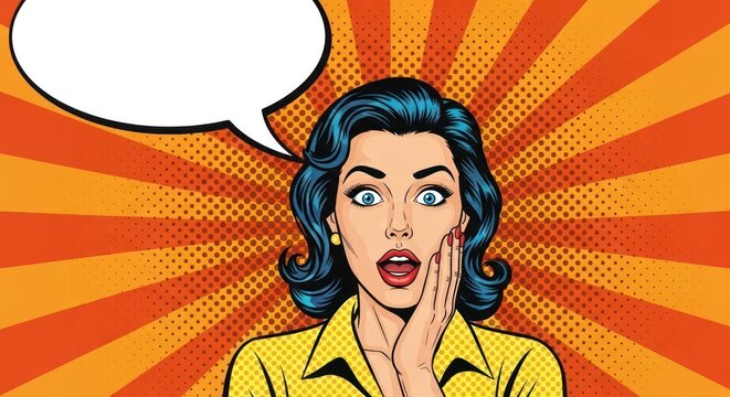 Retro cartoon woman with surprised expression and speech bubble against halftone background