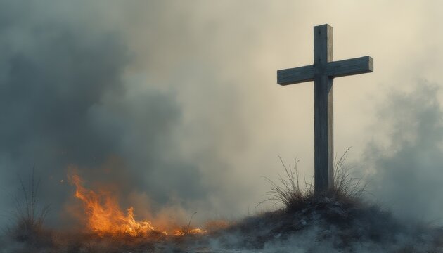 Cross engulfed in flames with smoke rising over grass field