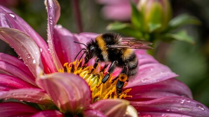 Close up macro shot of a fuzzy bumblebee collecting nectar from a vibrant pink dahlia flower with dew drops