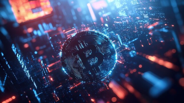 Glowing cryptocurrency coin in abstract digital environment at night