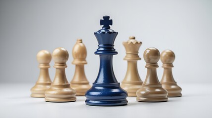 Dominant dark blue king chess piece stands tall surrounded by lighter colored pawns and bishops on a white surface