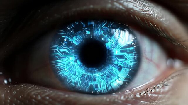 Extreme close up of a futuristic bionic eye with a glowing blue digital circuit board iris