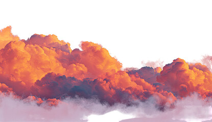 Dramatic, colorful cloudscape with warm hues of orange and pink, layered with white and dark shadows.  A hazy, dark silhouette suggests a distant object below