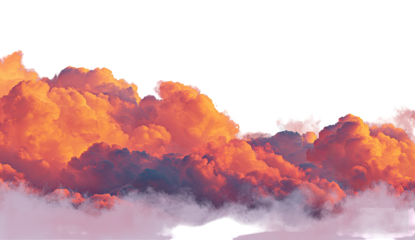 Dramatic, colorful cloudscape with warm hues of orange and pink, layered with white and dark shadows.  A hazy, dark silhouette suggests a distant object below