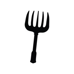 Isolated black silhouette of a spading fork with tines against white background, hay fork silhouette vector illustration