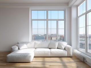 Fototapeta premium A bright, modern living room with large windows showcasing a city view, featuring a minimalist white sectional sofa and light-toned hardwood floors.