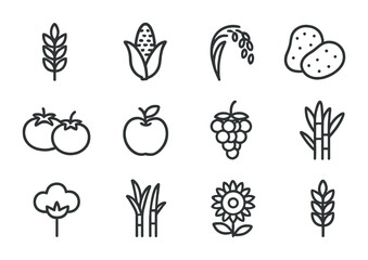 Agricultural Products Icons. Outline icon set of agricultural products: wheat, corn, rice, potatoes, tomatoes,