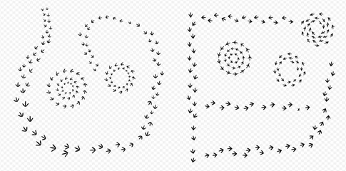 Two abstract shapes formed by bird footprints, one spiral and one rectangular, on a transparent background.