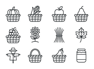 Seasonal Harvest Icons. Outline icon set of seasonal harvest baskets: pumpkin, corn cob, apple, pear, grapes,