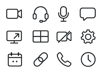 Video Conferencing Icons. Outline icon set of video conferencing platforms: video camera, headset, microphone,
