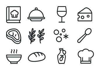 Gourmet Recipes Icon Set. Outline icon set of gourmet recipes: cookbook, cloche, wine glass, cheese wedge,