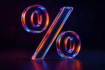 3 D render of a transparent glass percentage symbol with neon lighting percent sign