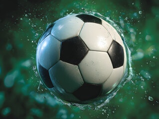 Fototapeta premium Soccer ball splashing in water with green background