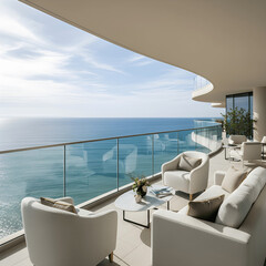 Fototapeta premium Luxurious modern balcony with comfortable white armchairs offering a serene panoramic ocean view