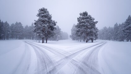 Obraz premium Snowy winter road fork in a forest